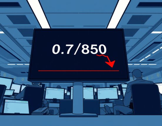 USD/CHF falls to 0.7850 as US Dollar weakens, with a downward red arrow on a trading screen in a Swiss bank.