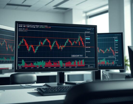 USD/CHF price chart analysis showing Fibonacci retracement levels on professional trading monitors