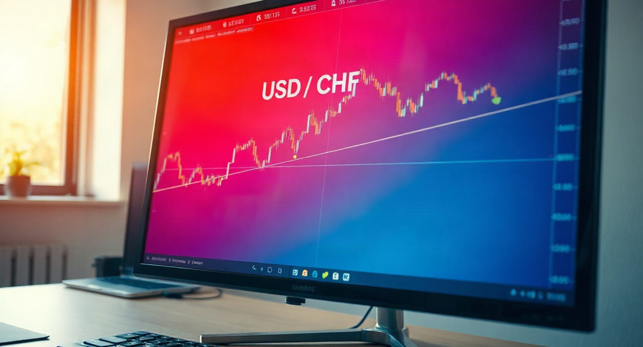 USD/CHF price chart showing bullish flag pattern on trading monitor