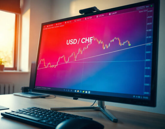 USD/CHF price chart showing bullish flag pattern on trading monitor