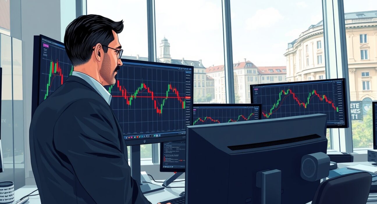 Professional trader analyzing USD/CHF currency chart showing bearish breakdown below 200-day moving average