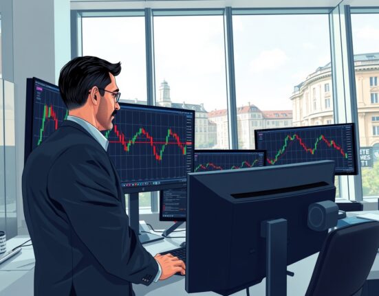 Professional trader analyzing USD/CHF currency chart showing bearish breakdown below 200-day moving average
