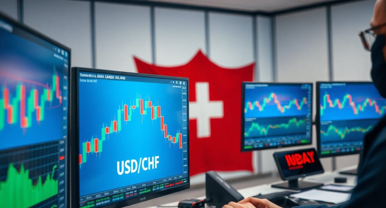 USD/CHF price chart showing bearish flag pattern on trading monitor
