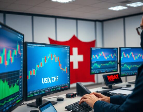 USD/CHF price chart showing bearish flag pattern on trading monitor