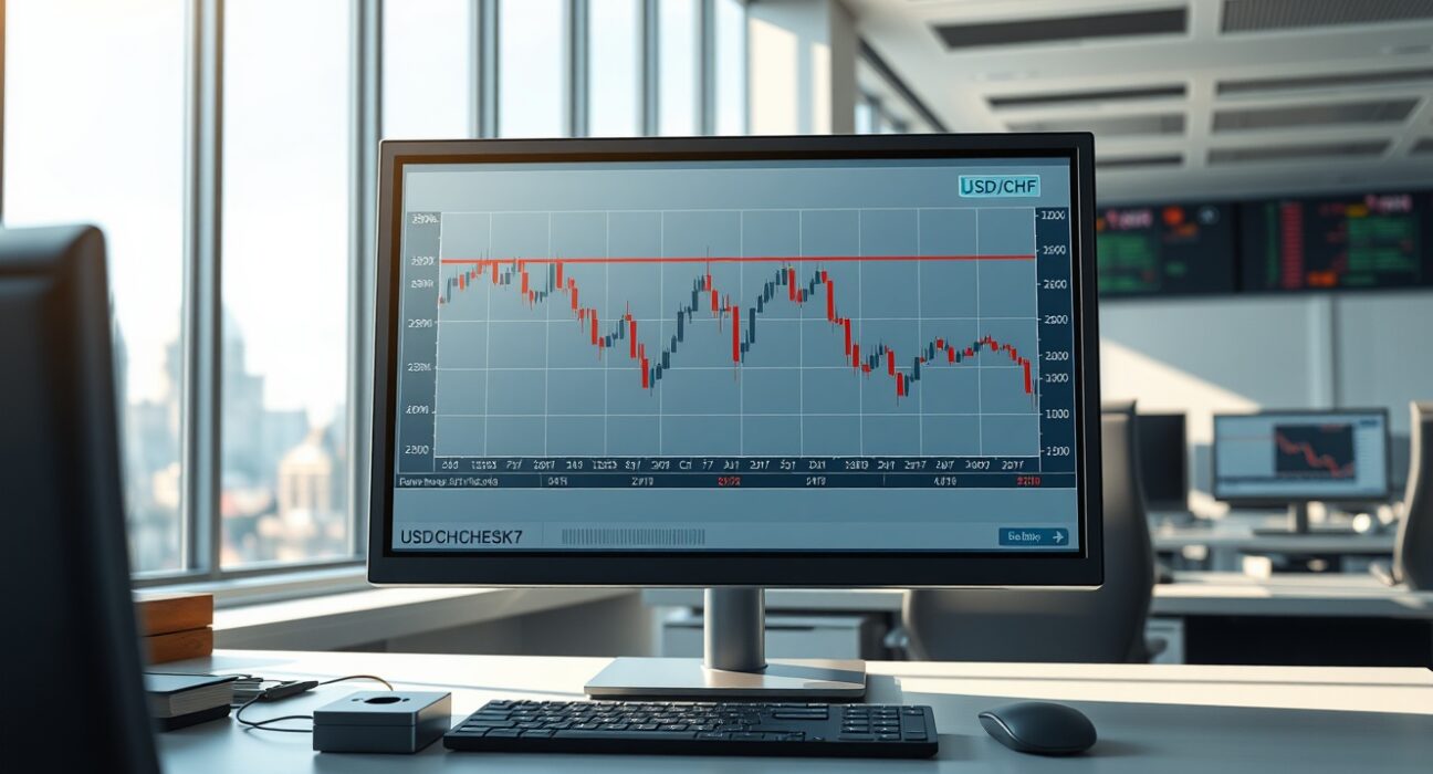 USD/CHF price chart breaking below moving averages on a trader's screen in Zurich, indicating a bearish trend.