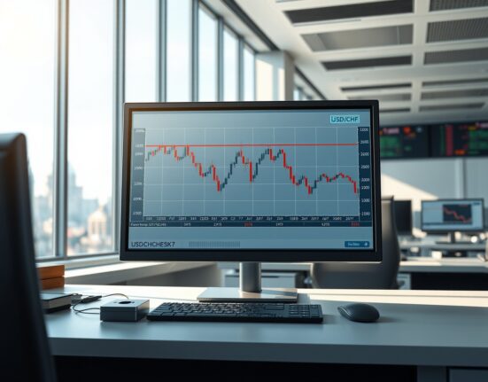 USD/CHF price chart breaking below moving averages on a trader's screen in Zurich, indicating a bearish trend.