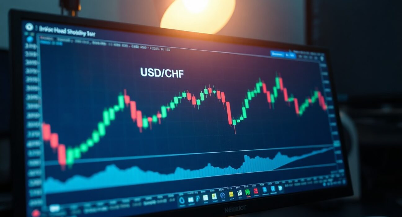 USD/CHF candlestick chart showing inverse head-and-shoulders breakout pattern on trading monitor