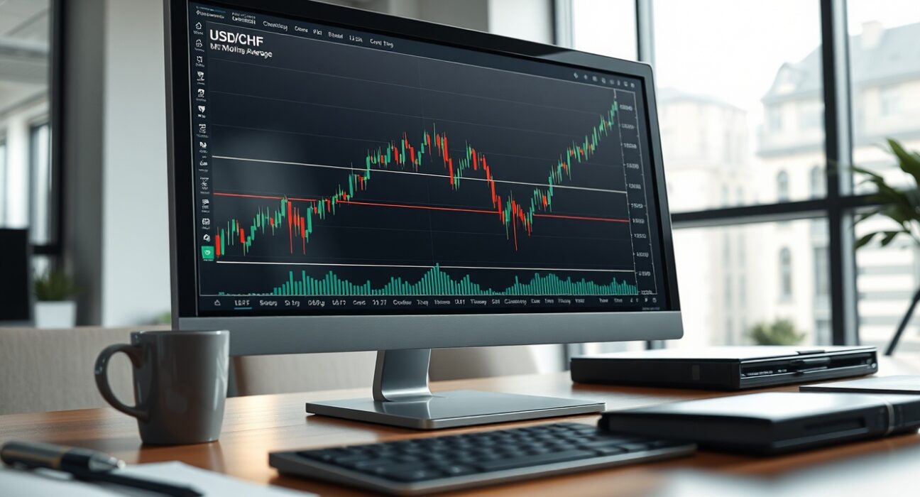 USD/CHF forecast chart analysis showing a breakout above the 200-day moving average on a trading desk monitor.