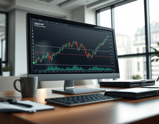 USD/CHF forecast chart analysis showing a breakout above the 200-day moving average on a trading desk monitor.