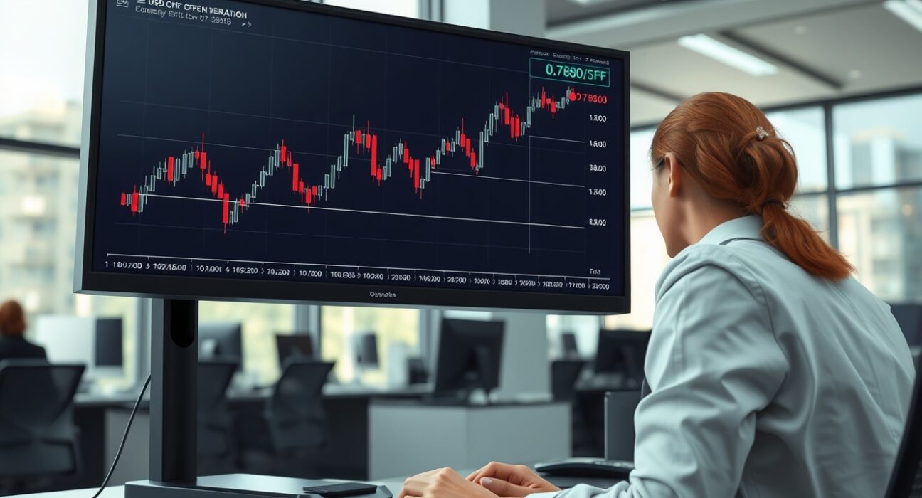 Forex trader analyzing USD/CHF chart showing rebound toward 0.7800 level.