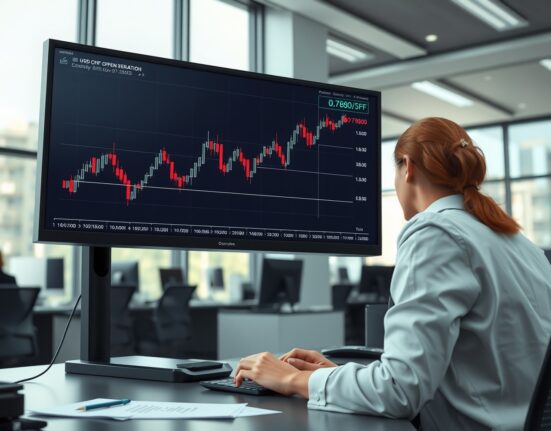 Forex trader analyzing USD/CHF chart showing rebound toward 0.7800 level.