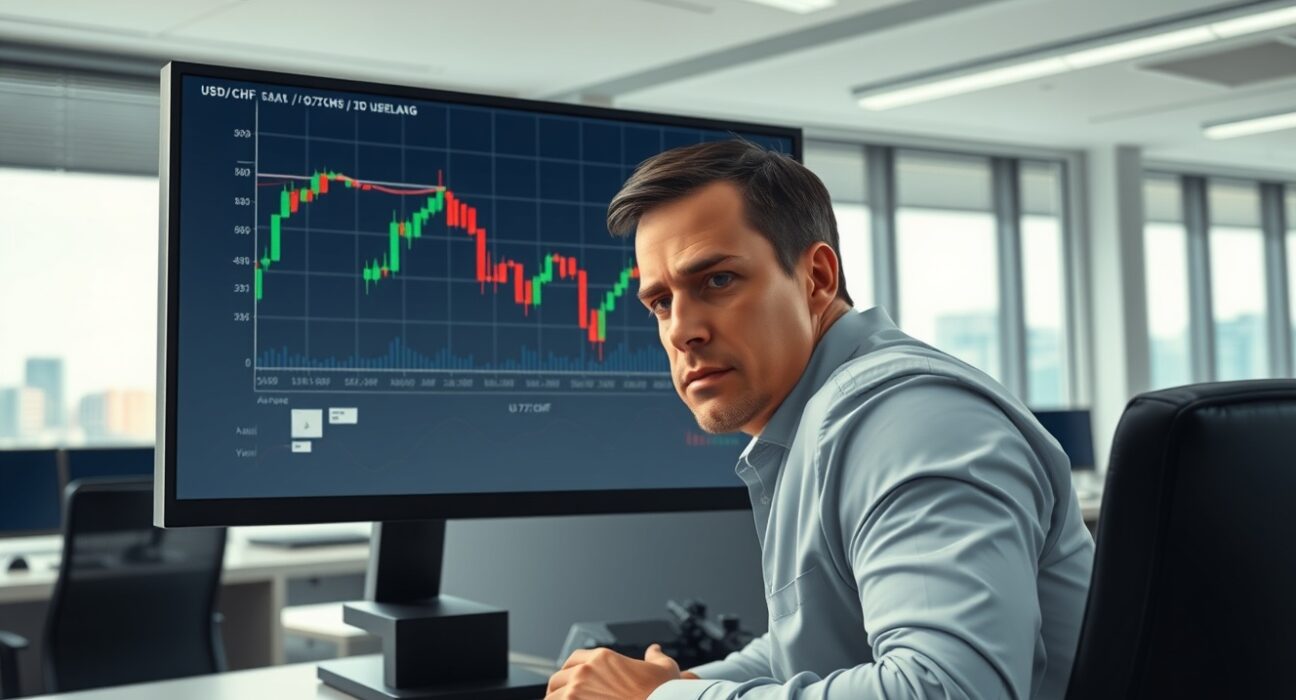 Trader in Zurich analyzes USD/CHF chart showing rejection at 200-day moving average and drop towards 0.7900.