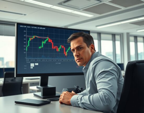 Trader in Zurich analyzes USD/CHF chart showing rejection at 200-day moving average and drop towards 0.7900.