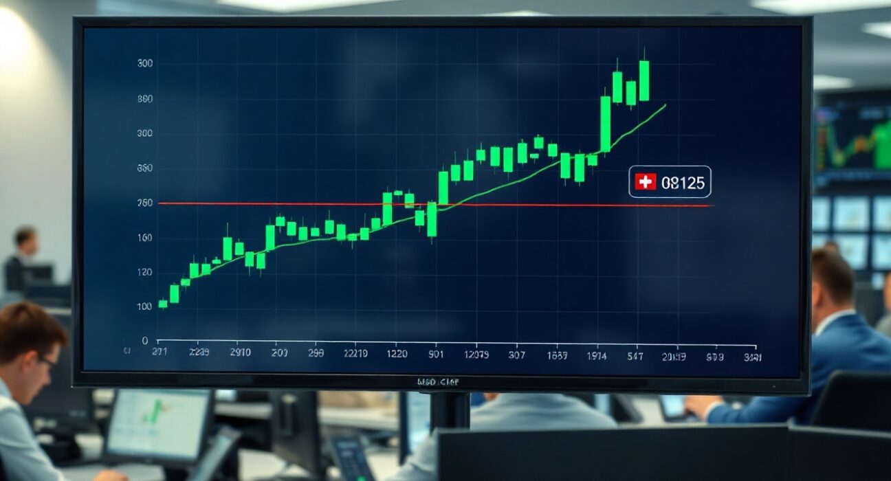 USD/CHF forex chart approaching 0.8125 resistance level in a trading office