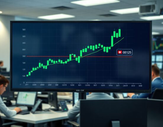 USD/CHF forex chart approaching 0.8125 resistance level in a trading office