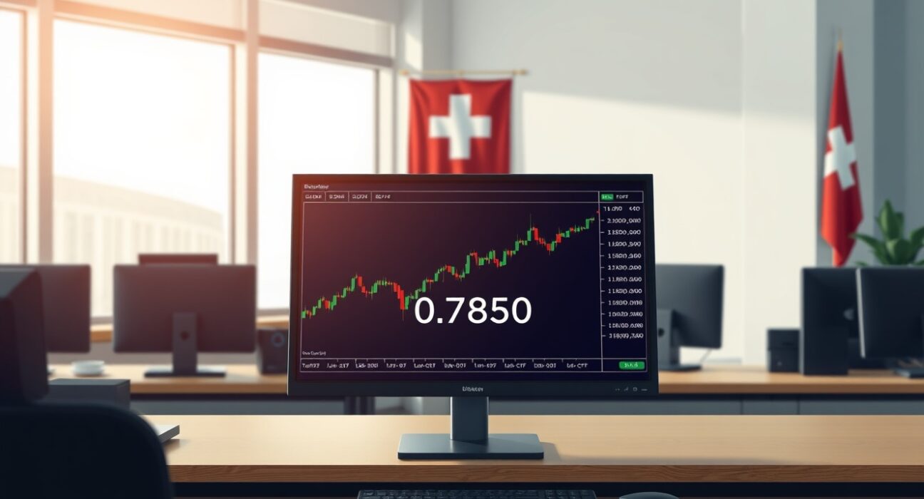 Forex trading desk analyzing the USD/CHF pair ahead of the Federal Reserve interest rate announcement.