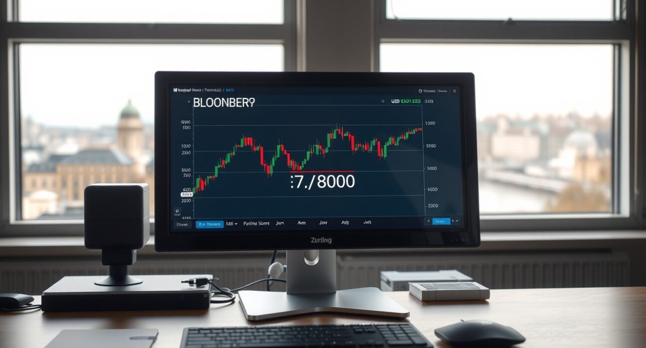 Forex trading terminal in Zurich showing USD/CHF chart above 0.7800 on Fed news.