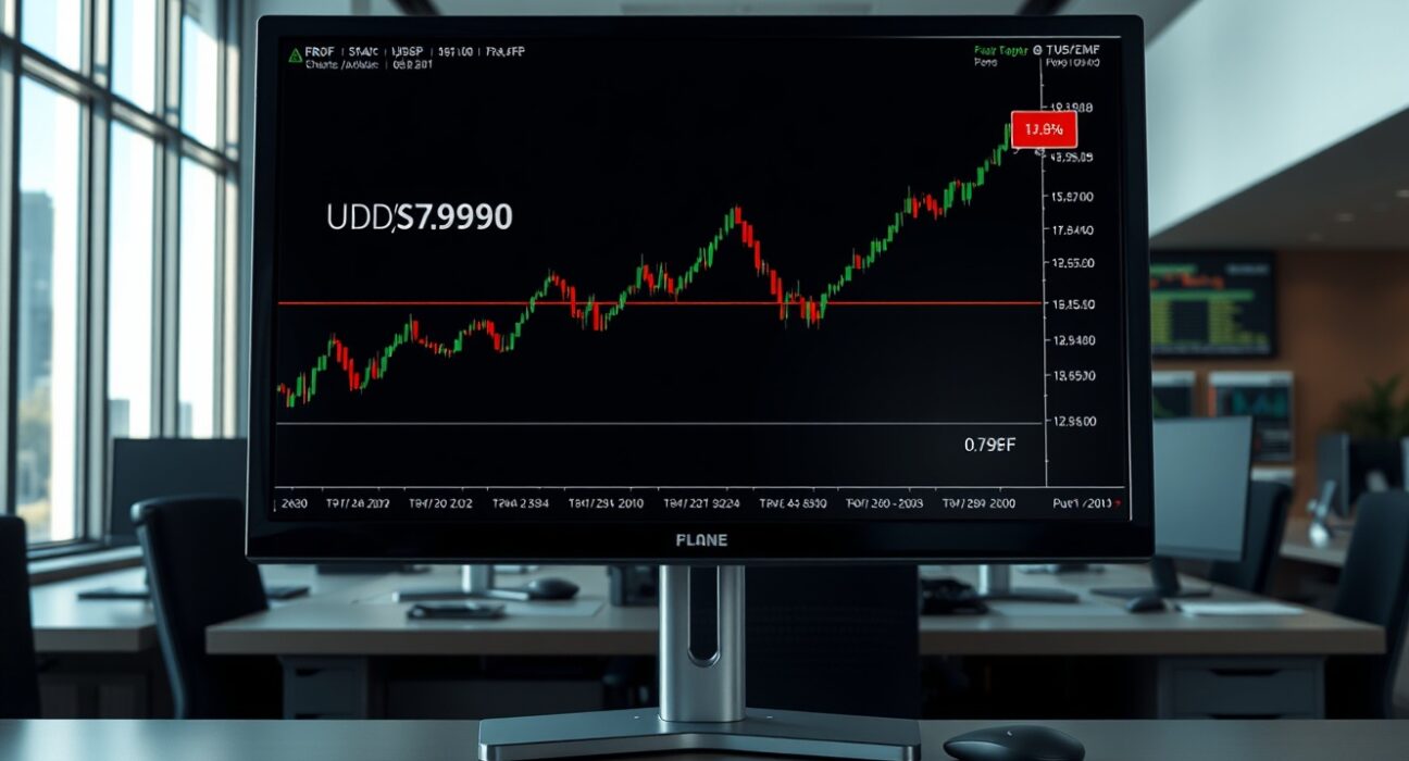 USD/CHF currency pair analysis showing upward movement on trading desk monitor