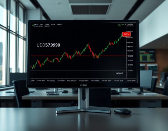USD/CHF currency pair analysis showing upward movement on trading desk monitor