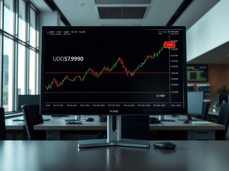 USD/CHF currency pair analysis showing upward movement on trading desk monitor