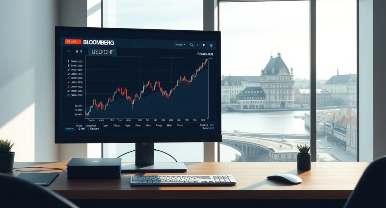 USD/CHF currency pair chart on a trading terminal in Zurich, analyzing market movements.
