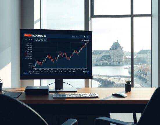 USD/CHF currency pair chart on a trading terminal in Zurich, analyzing market movements.