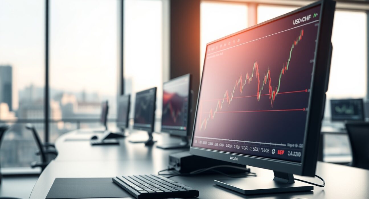 USD/CHF forex chart analysis showing price holding above 0.8000 level on a trading desk.