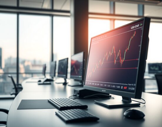 USD/CHF forex chart analysis showing price holding above 0.8000 level on a trading desk.
