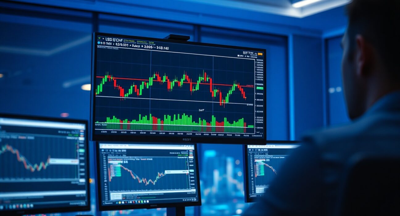 Forex trading monitors displaying USD/CHF chart with bullish breakout near year-to-date high