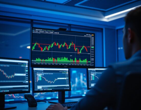 Forex trading monitors displaying USD/CHF chart with bullish breakout near year-to-date high