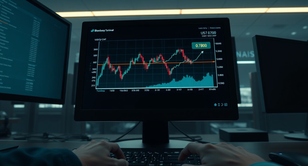 USD/CHF forex chart analysis on a trading terminal amid geopolitical tensions.