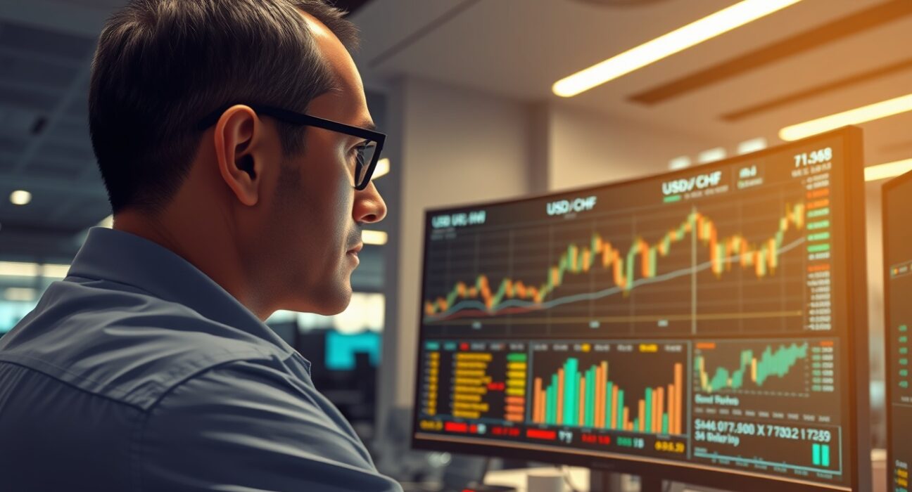 Trader analyzing USD/CHF forex chart as geopolitical risk drives US Dollar strength.