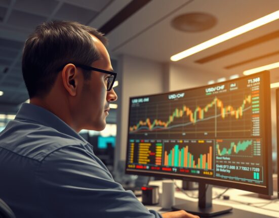 Trader analyzing USD/CHF forex chart as geopolitical risk drives US Dollar strength.