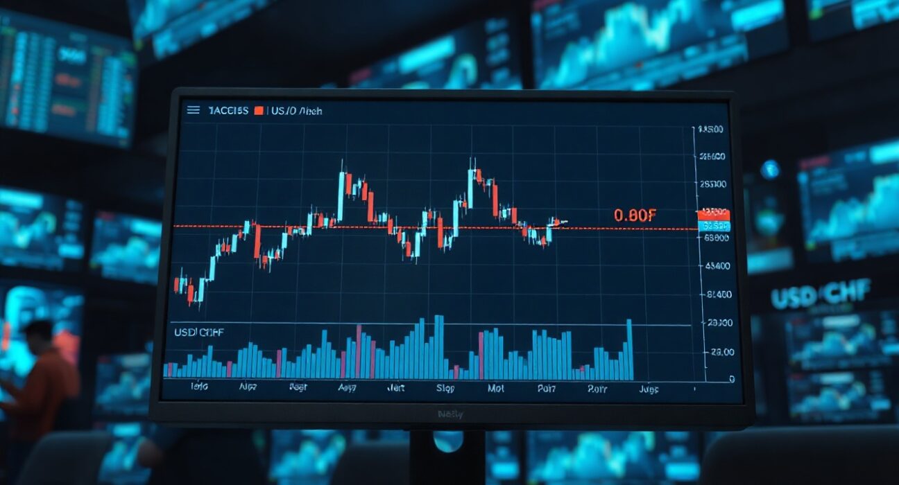 USD/CHF daily chart showing inverted head-and-shoulders pattern near 0.80 level on trading monitor