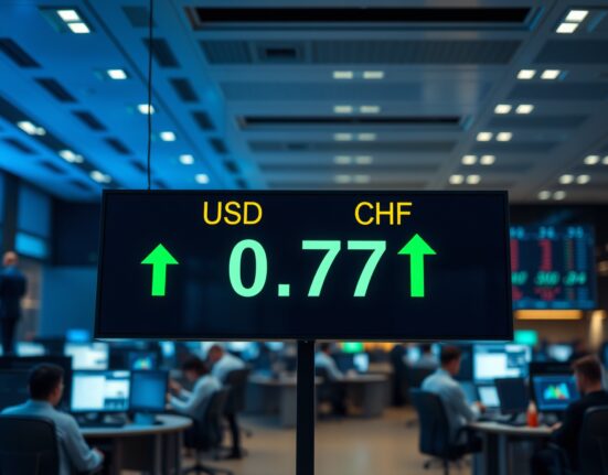 Forex trading board showing USD/CHF pair at 0.7785 with green upward movement