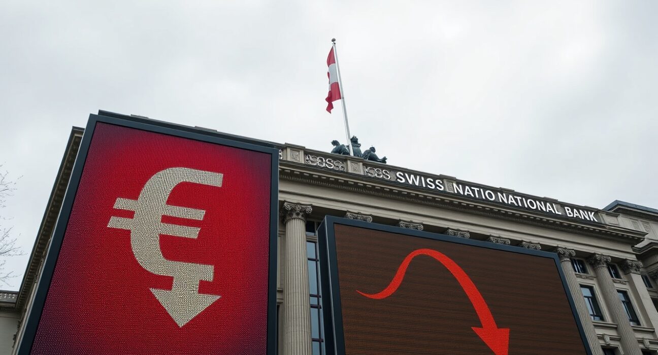 Swiss National Bank building with USD/CHF downward trend analysis by Commerzbank