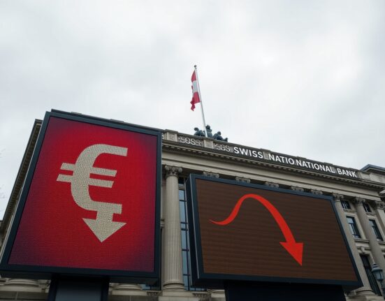 Swiss National Bank building with USD/CHF downward trend analysis by Commerzbank