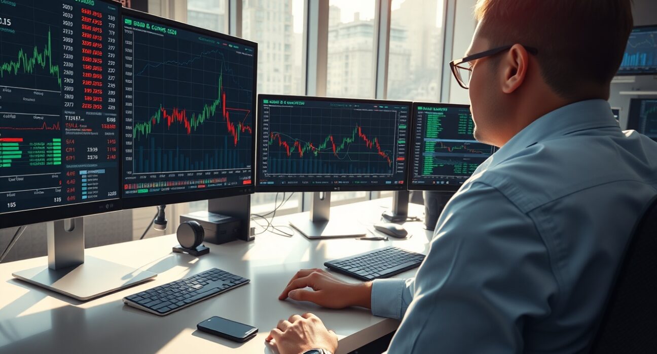 Trader analyzing USD/CHF currency pair decline amid geopolitical and economic news.