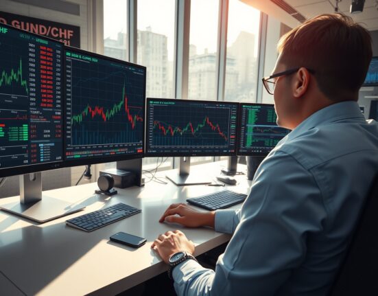 Trader analyzing USD/CHF currency pair decline amid geopolitical and economic news.