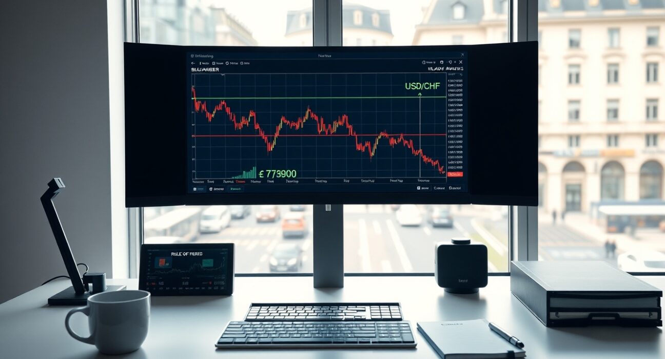 Forex trading terminal in Zurich showing USD/CHF rate falling below 0.7900.