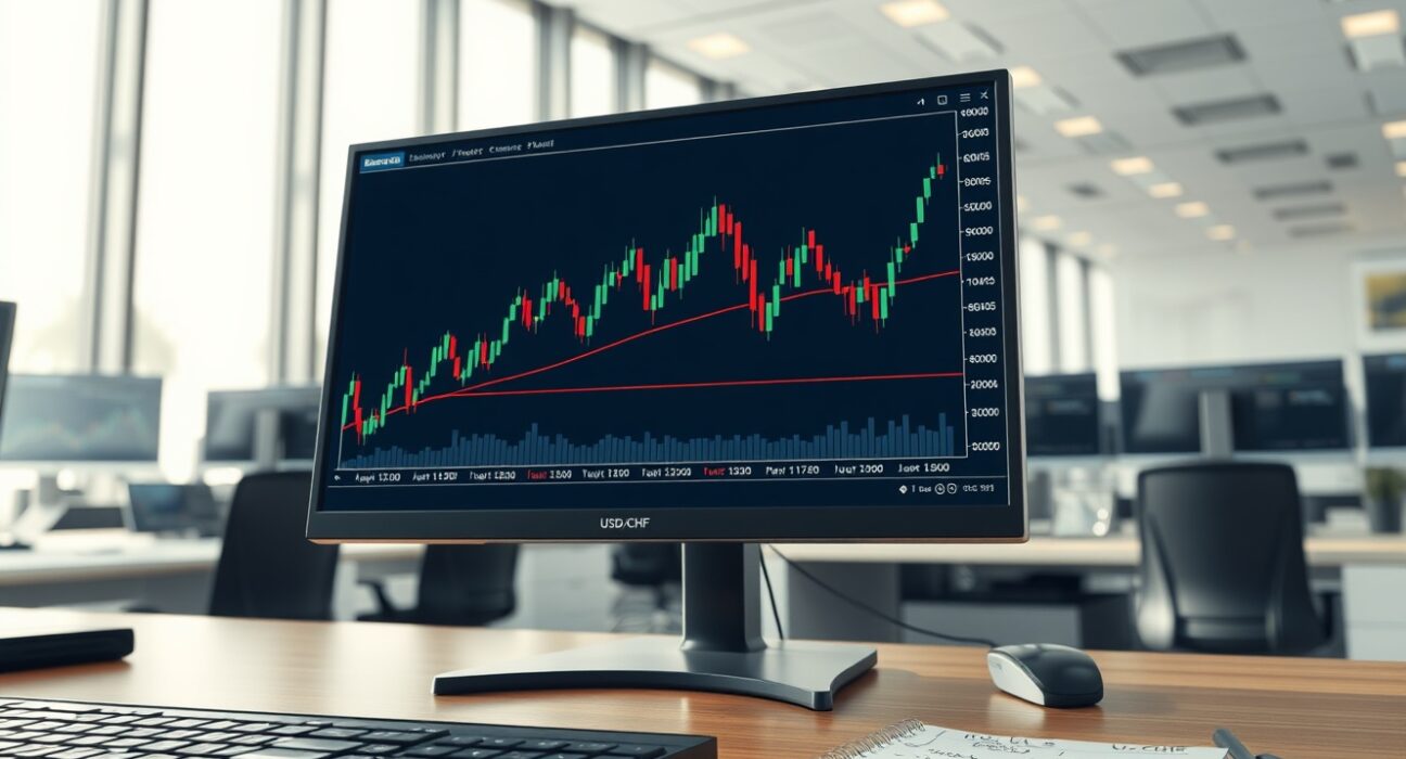 USD/CHF forex chart analysis showing price rejection at resistance on a trader's monitor.