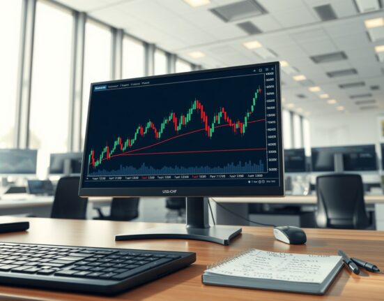 USD/CHF forex chart analysis showing price rejection at resistance on a trader's monitor.