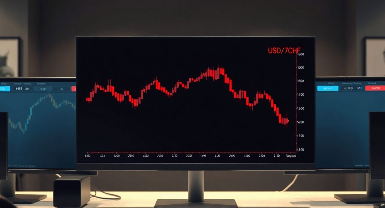 USD/CHF bearish chart showing downward trend approaching 0.7930 support level on trading monitor