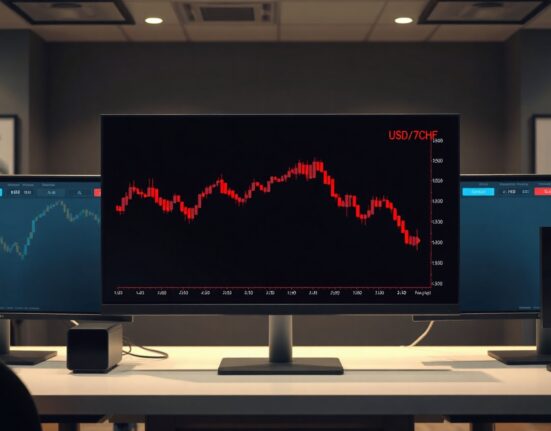 USD/CHF bearish chart showing downward trend approaching 0.7930 support level on trading monitor