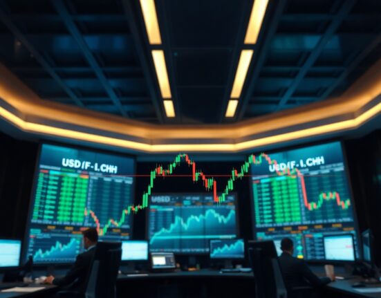 Forex trading screens displaying USD/CHF chart with bullish trend and moving average lines