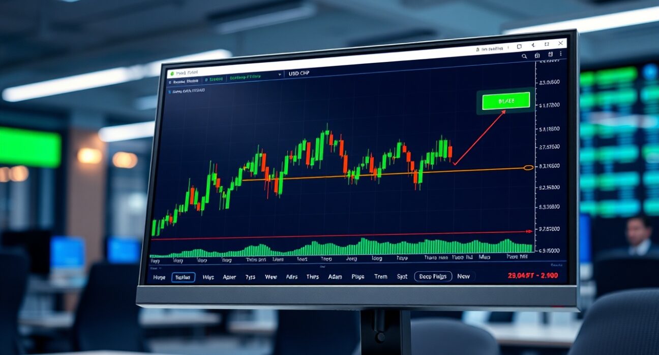 Forex trading monitor showing USD/CHF chart with bullish engulfing pattern