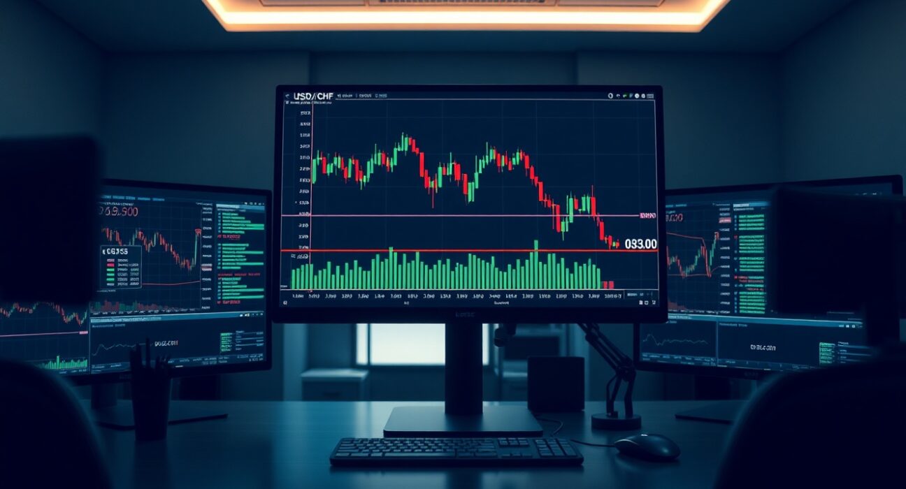 Financial trading monitors showing USD/CHF currency chart with resistance near 0.8100 level