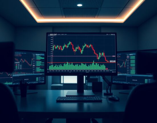 Financial trading monitors showing USD/CHF currency chart with resistance near 0.8100 level