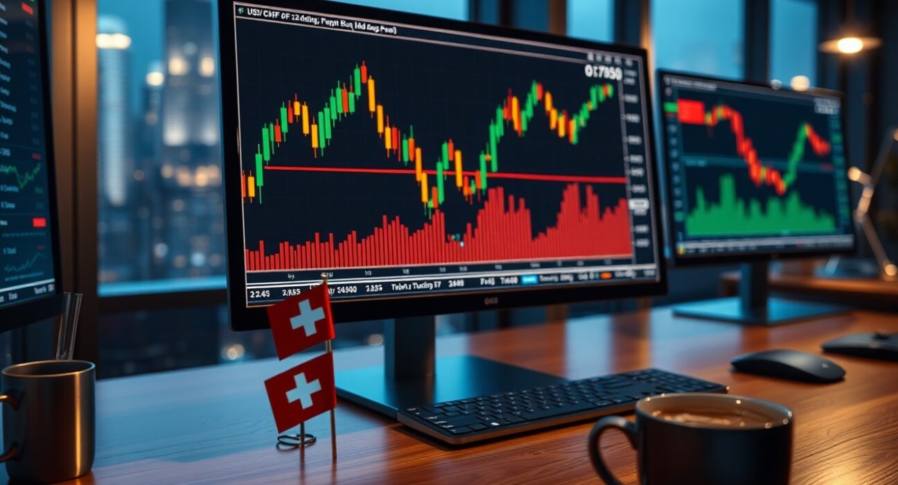 USD/CHF candlestick chart on a trading monitor showing price action around the 0.7850 support level.