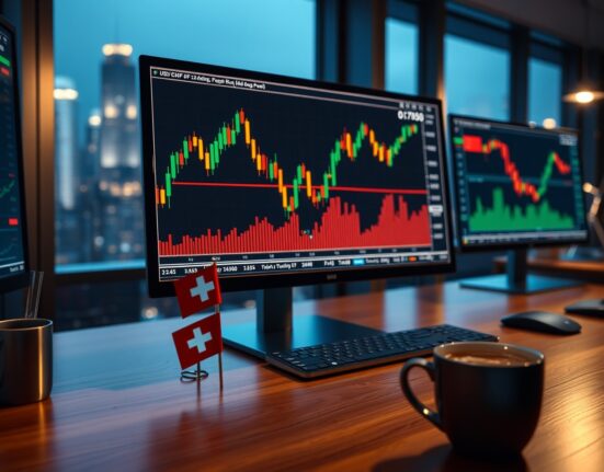 USD/CHF candlestick chart on a trading monitor showing price action around the 0.7850 support level.